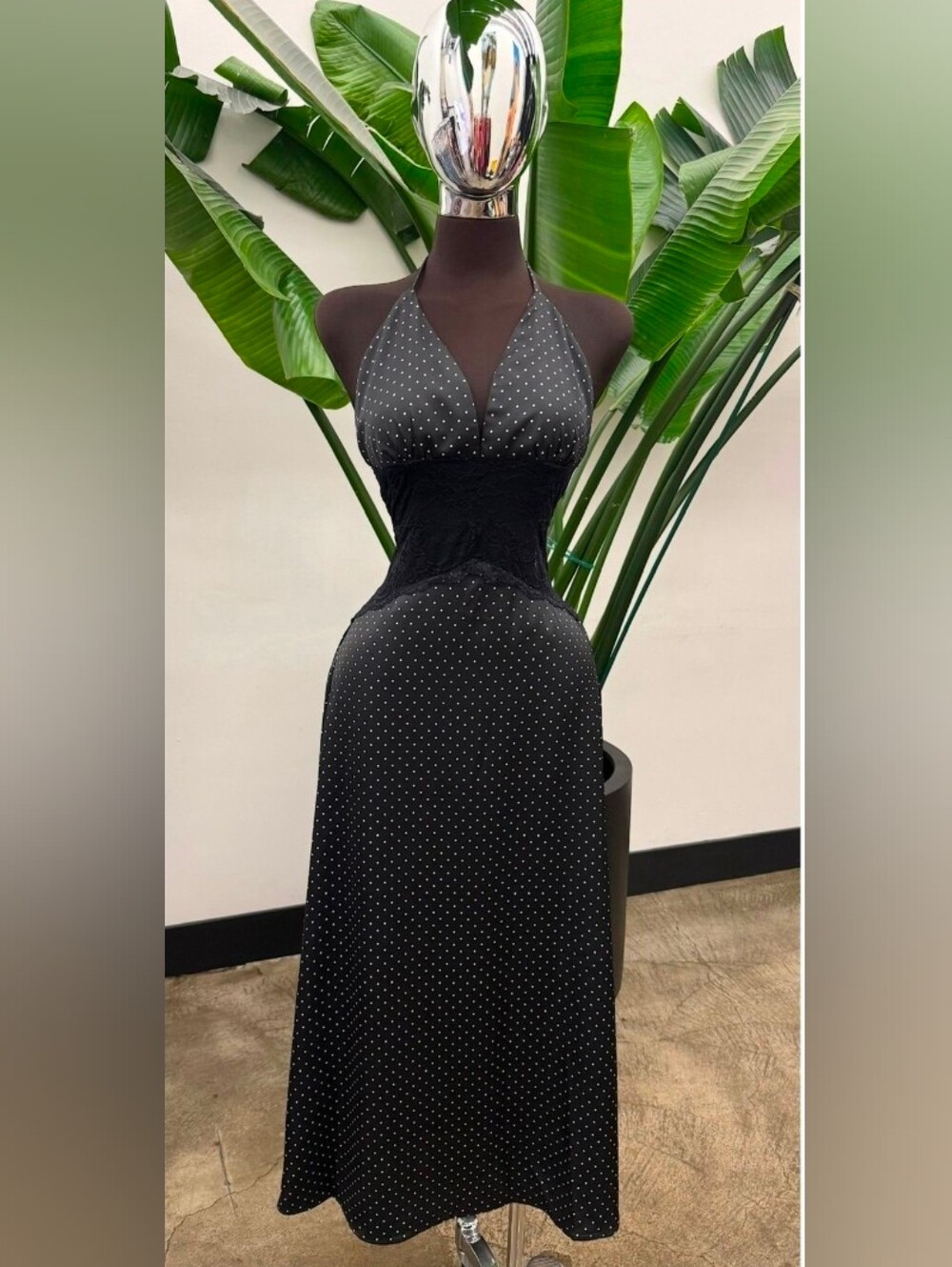 Black Polka-Dot Halter Midi Dress